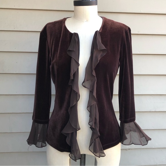 Vintage Cachet Y2K Whimsigoth Ethereal Dark Brown Velvet Silk Ruffle Zip Up Top - Picture 5 of 17